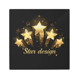 Five gold stars on black metal print