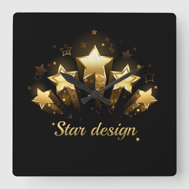 Five gold stars on black square wall clock (Front)