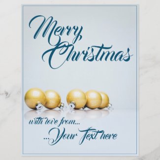 Five golden christmas balls - blue writing
