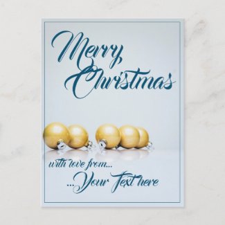 Five golden christmas balls - blue writing holiday postcard