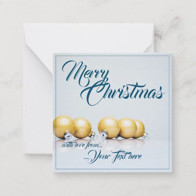Five golden christmas balls - blue writing note card (Front)