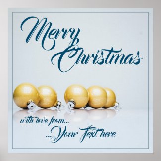 Five golden christmas balls - blue writing poster