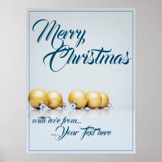 Five golden christmas balls - blue writing poster