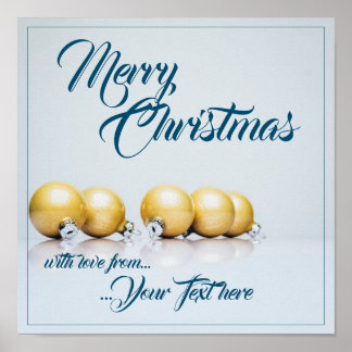 Five golden christmas balls - blue writing poster