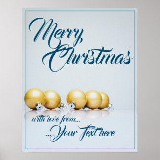 Five golden christmas balls - blue writing poster
