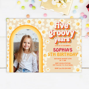 Five Groovy 5th Birthday Photo Invitation Retro