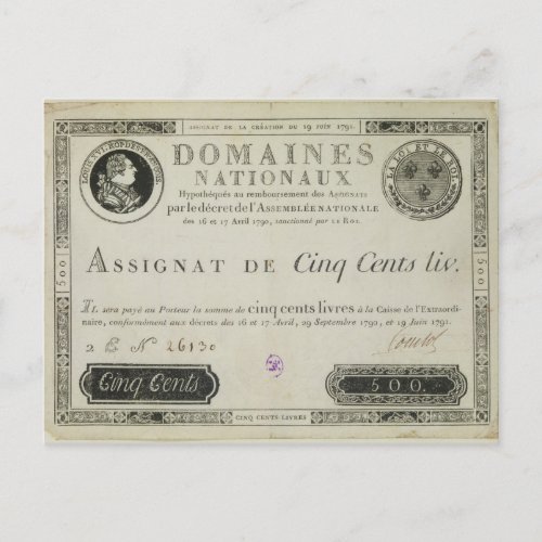 Five hundred livres banknote 19th June 1791 Postcard