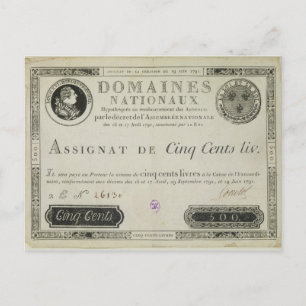 Five hundred livres banknote, 19th June 1791 Postcard