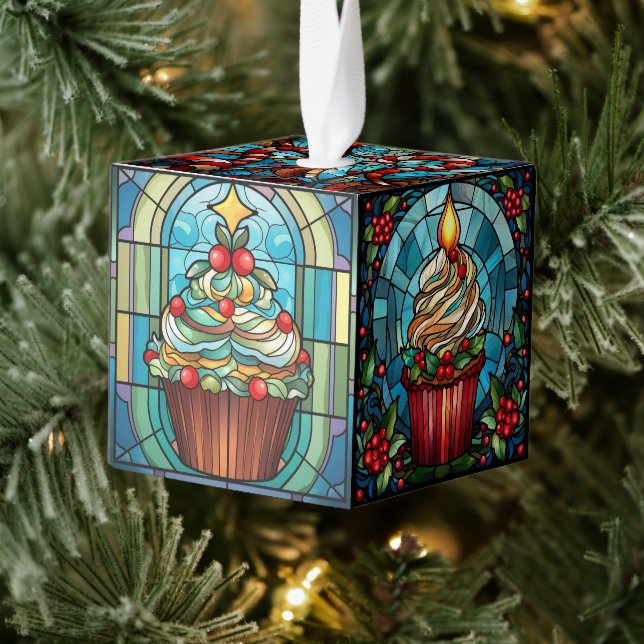 Five Image Stained Glass Christmas Cube Ornament (Tree)
