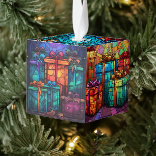 Five Image Stained Glass Christmas Cube Ornament