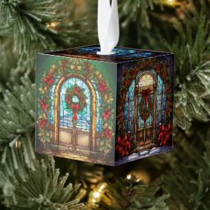 Five Image Stained Glass Christmas Cube Ornament
