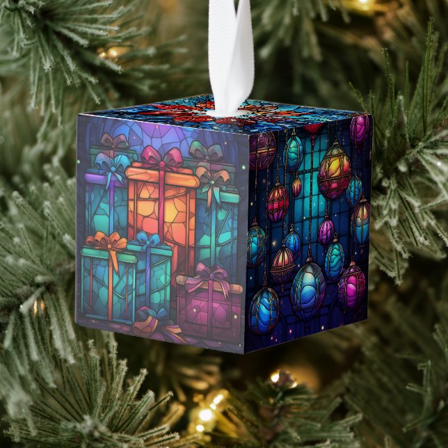 Five Image Stained Glass Christmas Cube Ornament (Tree)