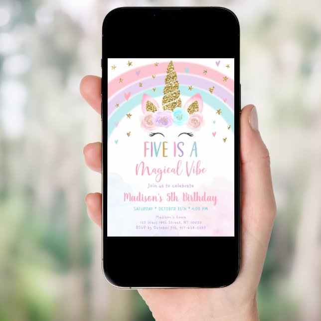Five Is A Magical Vibe Unicorn 5th Birthday Invitation (Front Digital)