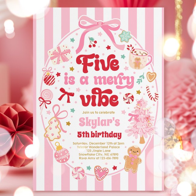 Five Is A Merry Vibe Christmas Bow 5th Birthday Invitation (Creator Uploaded)