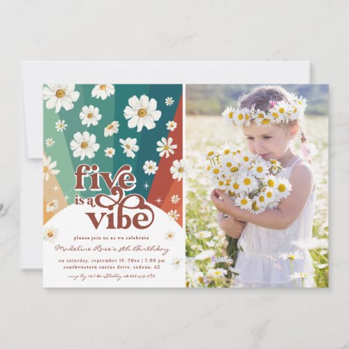 Five is a Vibe 5th Birthday  Retro Daisy Rainbow Invitation