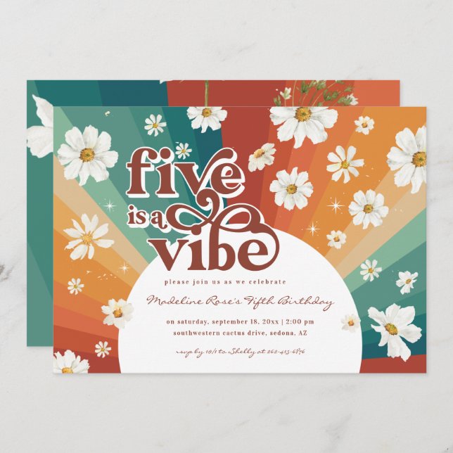 Five is a Vibe 5th Birthday | Retro Daisy Rainbow Invitation (Front/Back)