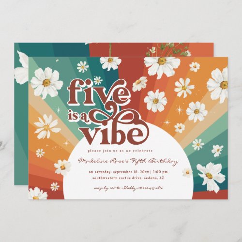 Five is a Vibe 5th Birthday  Retro Daisy Rainbow Invitation