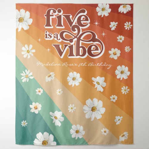 Five is a Vibe 5th Birthday  Retro Daisy Rainbow Tapestry