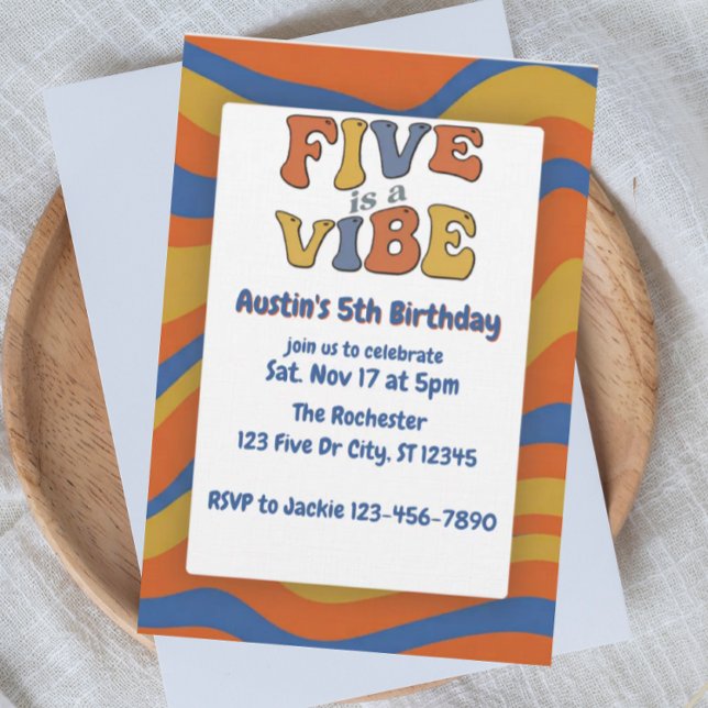 Five is a Vibe, Blue Orange Yellow 5th Birthday Invitation (Creator Uploaded)