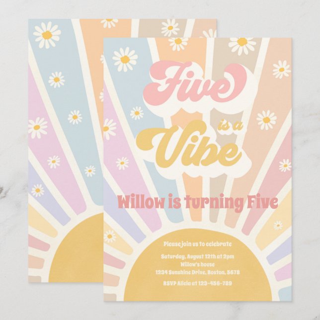 Five Is A Vibe Boho Sunshine 5th Birthday Party Invitation (Front/Back)