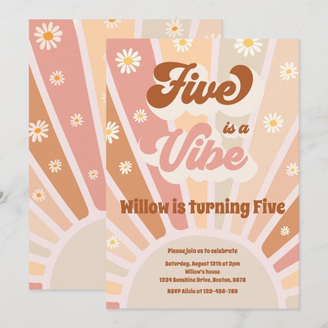 Five Is A Vibe Boho Sunshine 5th Birthday Party Invitation (Front/Back)