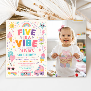 Five Is a Vibe Colorful Birthday Photo Invitation