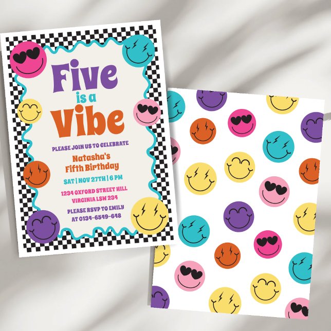 Five is a Vibe Colorful Retro Smiles Birthday Invitation (Creator Uploaded)
