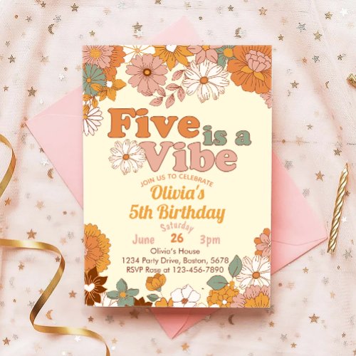 Five is a vibe Floral 5th Birthday Invitation