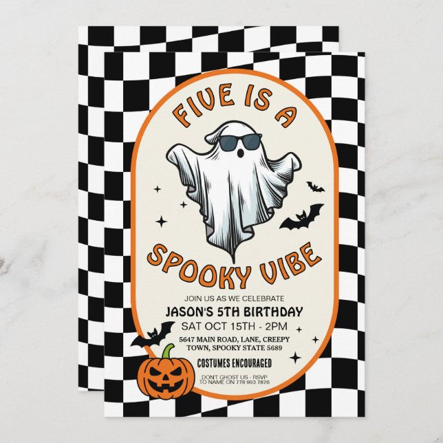 Five is a Vibe Ghosts Bats Halloween Party  Invitation (Front/Back)