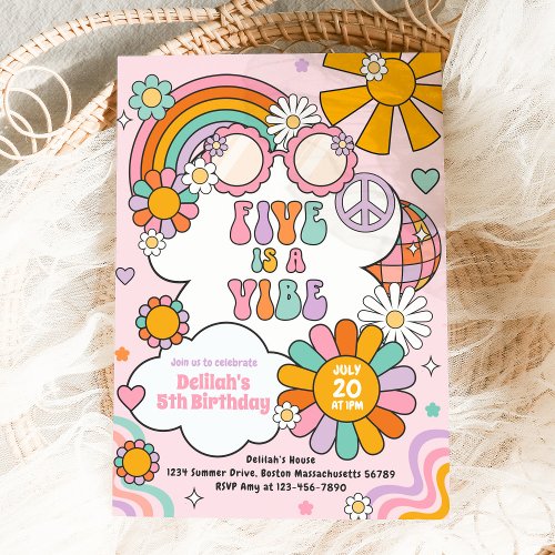 Five Is A Vibe Groovy 70s Flower Power Birthday Invitation