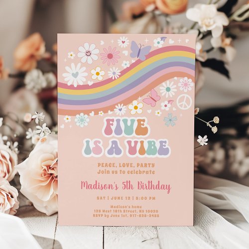 Five is a Vibe Groovy 70s Retro Flower Birthday Invitation