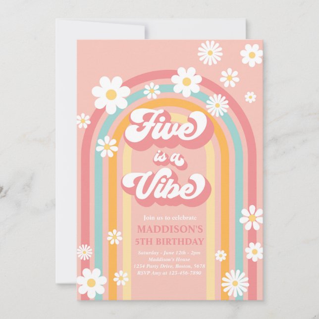Five Is A Vibe Groovy Daisy Rainbow 5th Birthday Invitation (Front)