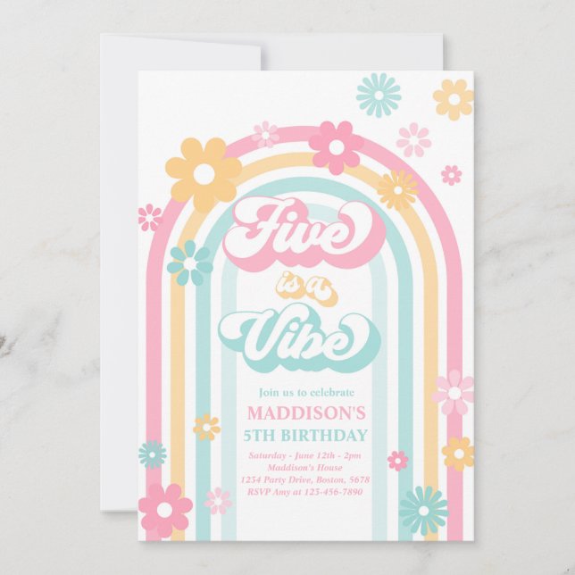Five Is A Vibe Groovy Daisy Rainbow 5th Birthday Invitation (Front)