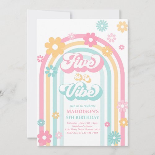 Five Is A Vibe Groovy Daisy Rainbow 5th Birthday Invitation