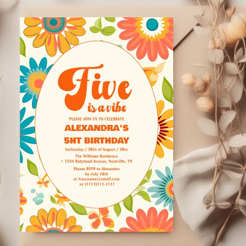 Five Is A Vibe Groovy Hippie 5th Birthday Invitation