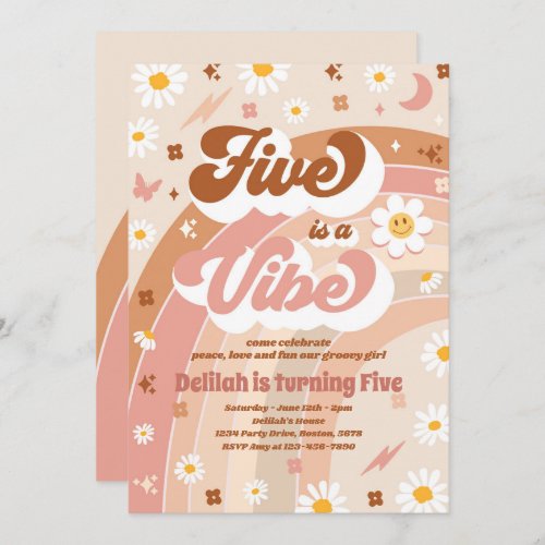 Five Is A Vibe Groovy Hippie Rainbow 5th Birthday  Invitation