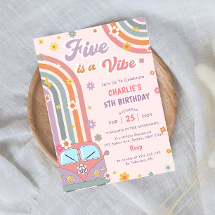 Five Is A Vibe Groovy Retro Daisy 5th Birthday Invitation