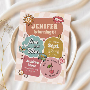 Five Is A Vibe Groovy Retro Daisy 5th Birthday Invitation
