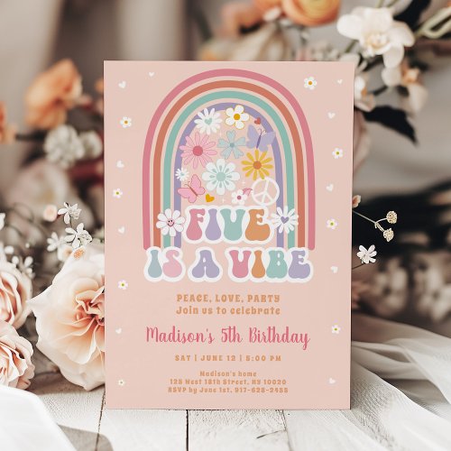 Five is a Vibe Groovy Retro Flower 5th Birthday Invitation