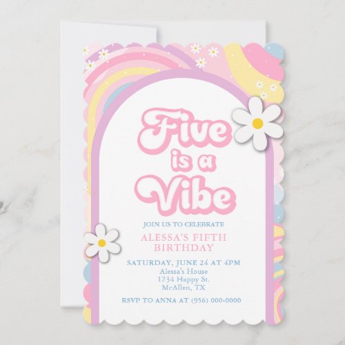Five is a Vibe Groovy Retro Girl Pastel Colors Invitation