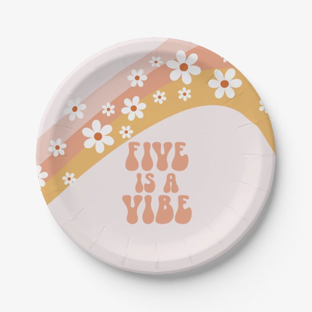 Five is a Vibe Groovy Retro Rainbow 5th Birthday   Paper Plates (Front)