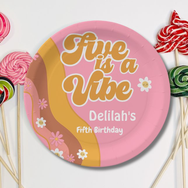 Five is a vibe groovy retro summer birthday paper plates (Creator Uploaded)