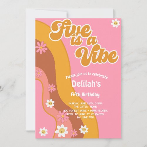 Five is a vibe groovy retro vintage birthday invitation