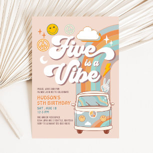 Five is A Vibe Hippie 70's Retro Boy 5th Birthday Invitation
