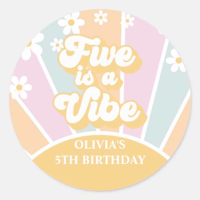 Five is a Vibe pastel Retro Sunshine daisy boho Classic Round Sticker (Front)
