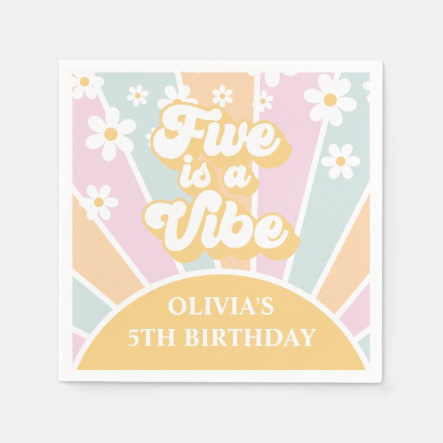 Five is a Vibe pastel Retro Sunshine daisy boho Napkins (Front)