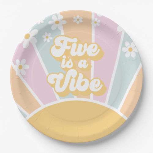 Five is a Vibe pastel Retro Sunshine daisy boho Paper Plates