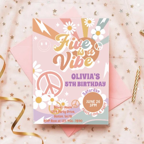 Five is a Vibe peach love party 5th birthday Invitation