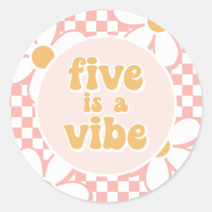 Five is a Vibe Pink Daisy Checker Classic Round Sticker