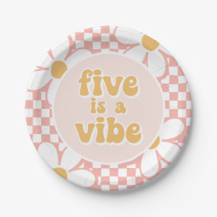 Five is a Vibe Pink Daisy Checker Paper Plates
